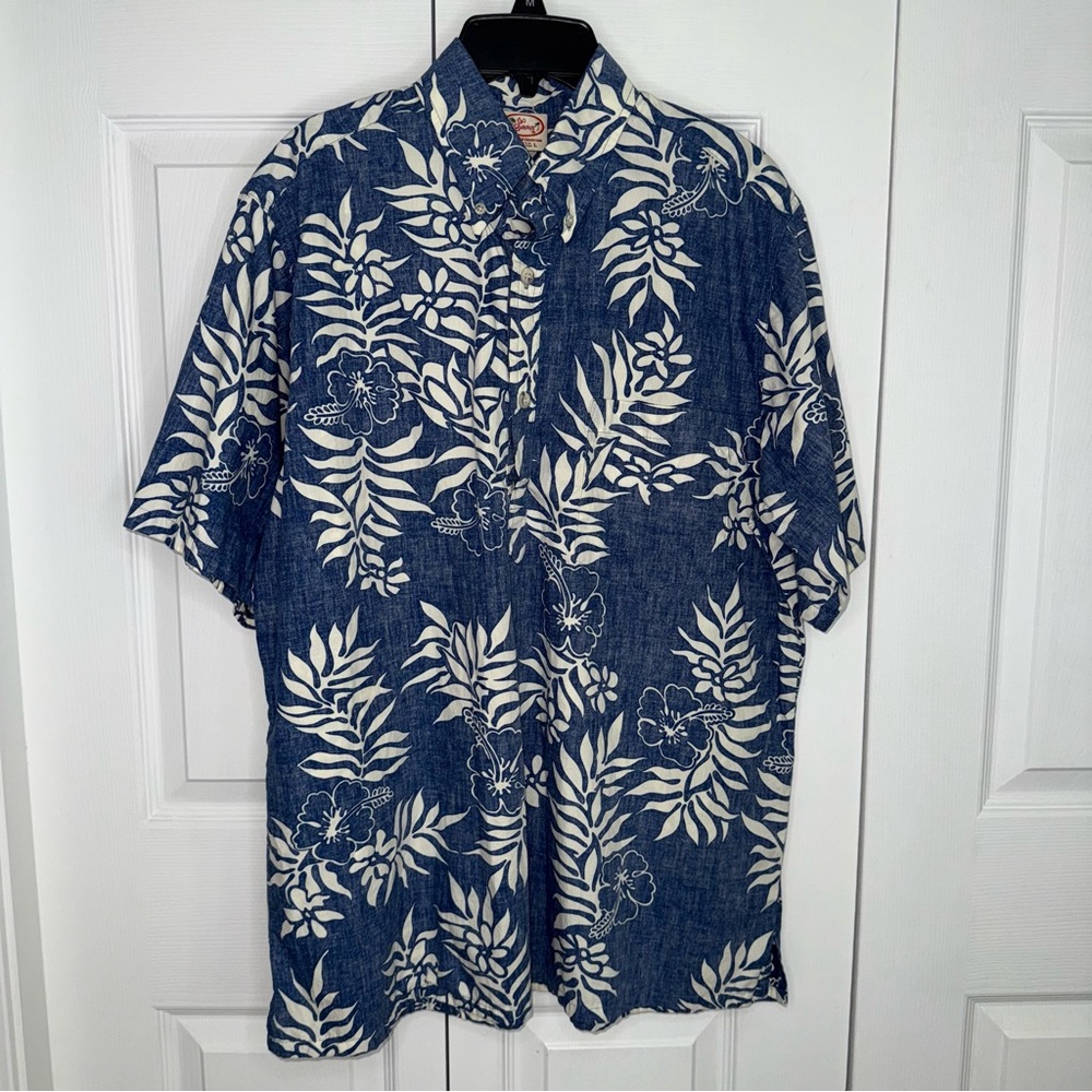 Go Barefoot Men's Hawaiian Aloha Tropical Leaves Large Blue Shirt 100% cotton